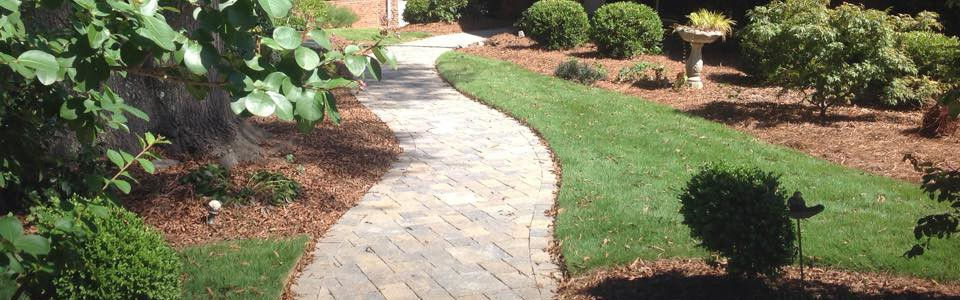 Curving stone walkway through a landscaped garden