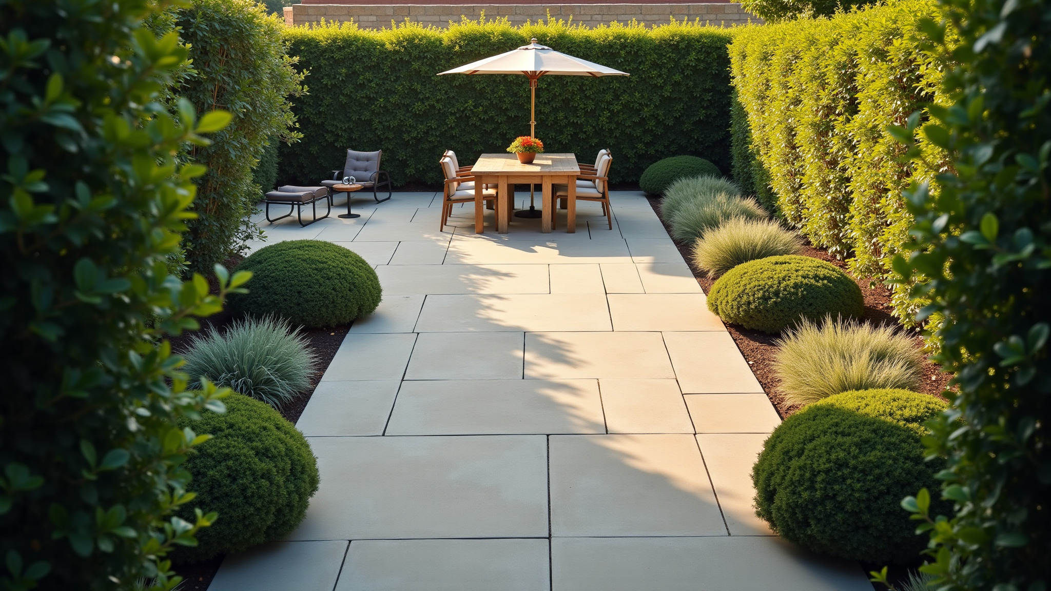 Modern paved patio with dining table and green hedges